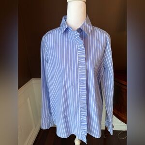 Pleione Women’s Blue and White Stripe Button Down Ruffle Trim Bouse Size M NWOT